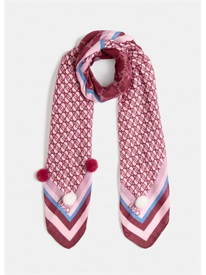 Foulard Liu Jo bordeaux con stampa logo patchwork e pompon in DONNA