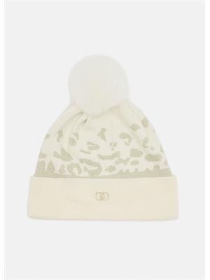 Berretto Liu Jo in viscosa lurex avorio motivo animalier e pompon in DONNA