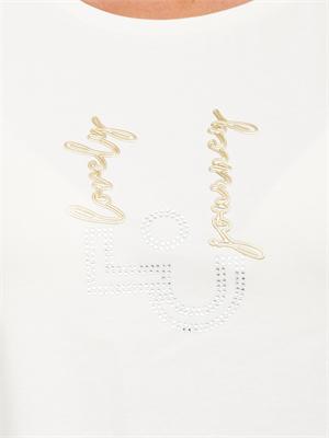 T-shirt Liu Jo donna in cotone stretch avorio con logo strass in DONNA