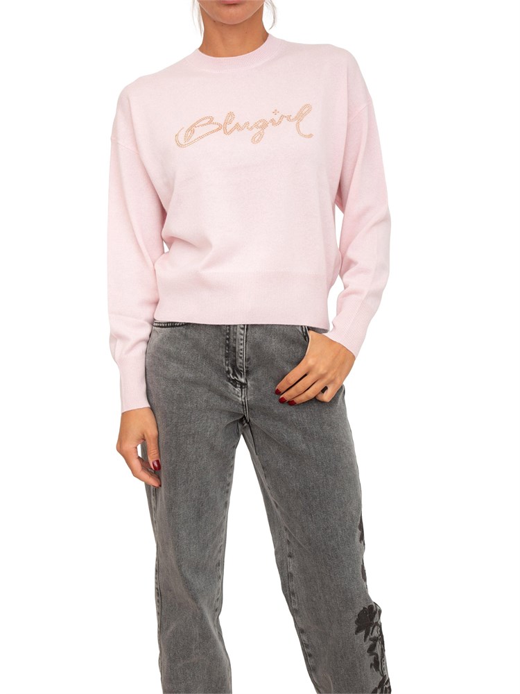 Maglia Blugirl in lana e cachemire rosa logo cristalli