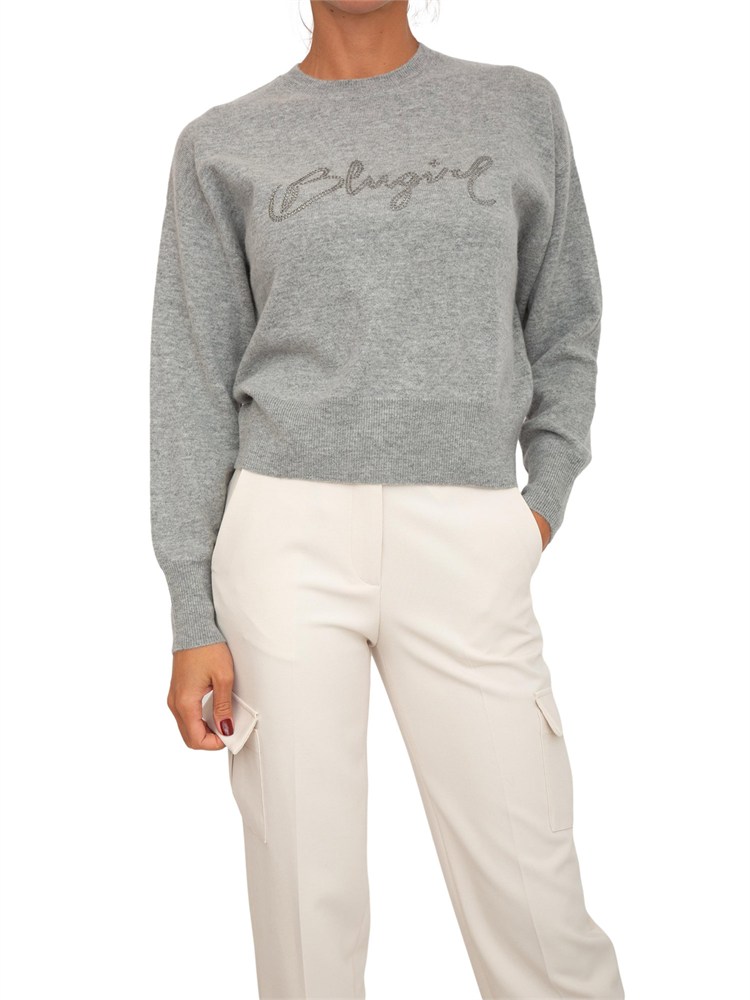 Maglia Blugirl in lana e cachemire grigio logo cristalli