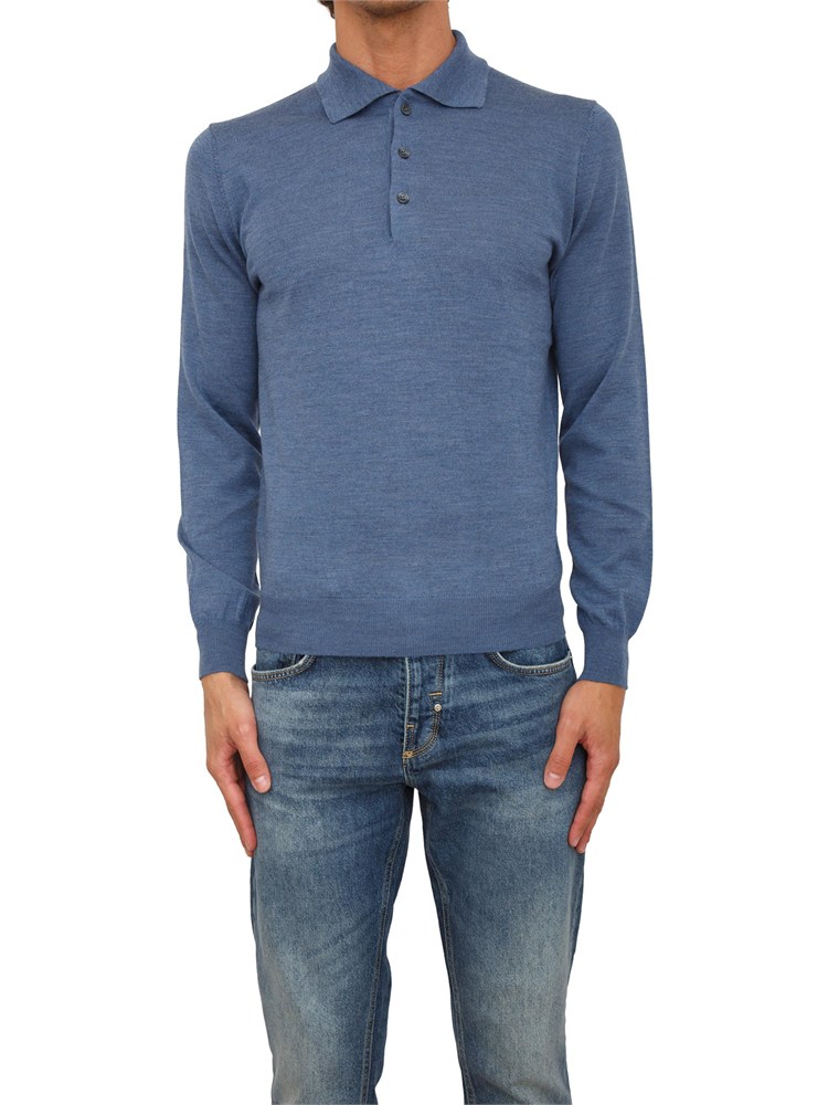 Polo maglia Aiace Galassi in lana fine blu con chiusura tre bottoni