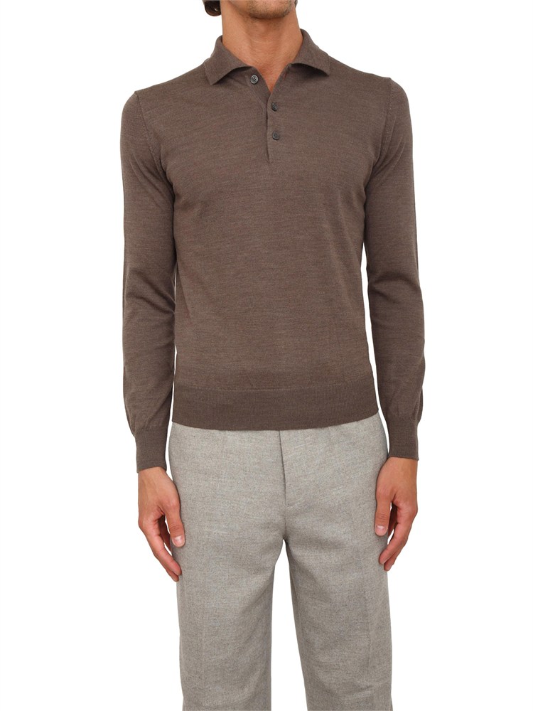 Polo maglia Aiace Galassi in lana fine taupe con chiusura tre bottoni