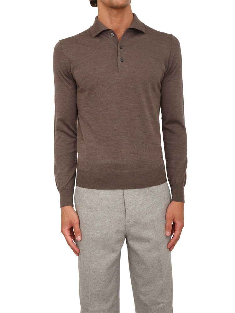 Polo maglia Aiace Galassi in lana fine taupe con chiusura tre bottoni