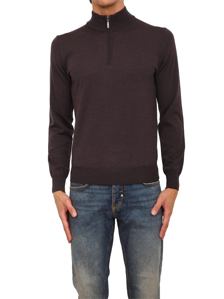 Maglia mezza zip manica lunga Aiace Galassi in pura lana marrone