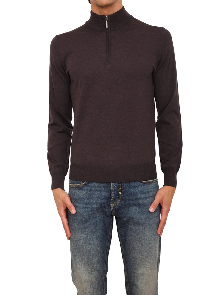 Maglia mezza zip manica lunga Aiace Galassi in pura lana marrone