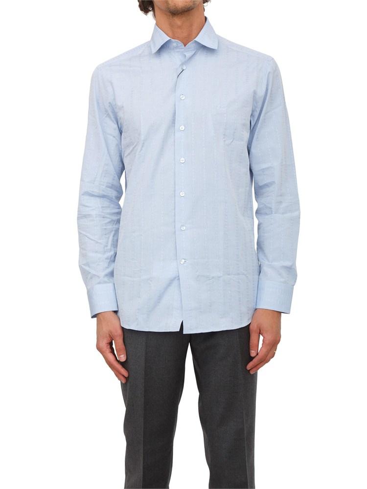Camicia Etro uomo in cotone azzurro ricami Paisley tono su tono