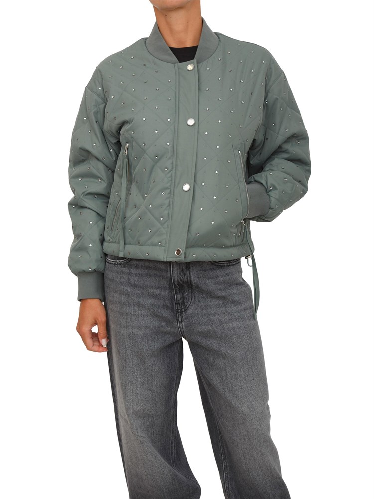 Bomber Pinko in tessuto verde con strass e borchie