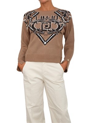 Maglia Liu Jo donna in lana beige con logo jacquard strass e borchie in DONNA