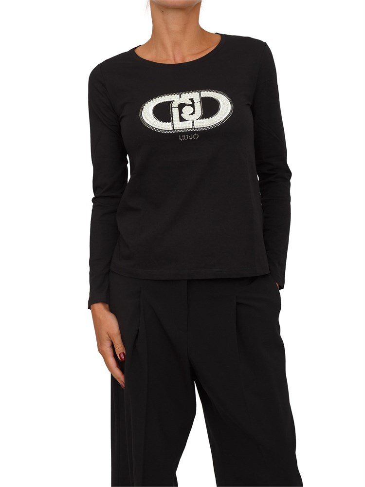 T-shirt Liu Jo donna in cotone nero con logo perle e strass