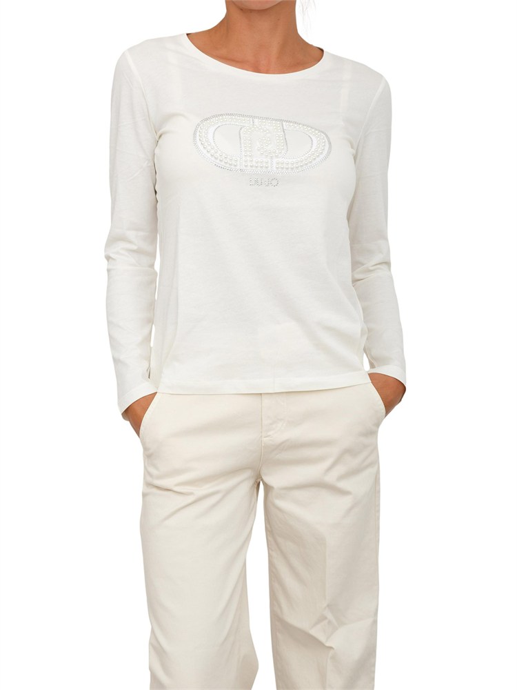 T-shirt Liu Jo donna in cotone avorio con logo perle e strass