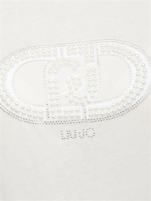 T-shirt Liu Jo donna in cotone avorio con logo perle e strass in DONNA