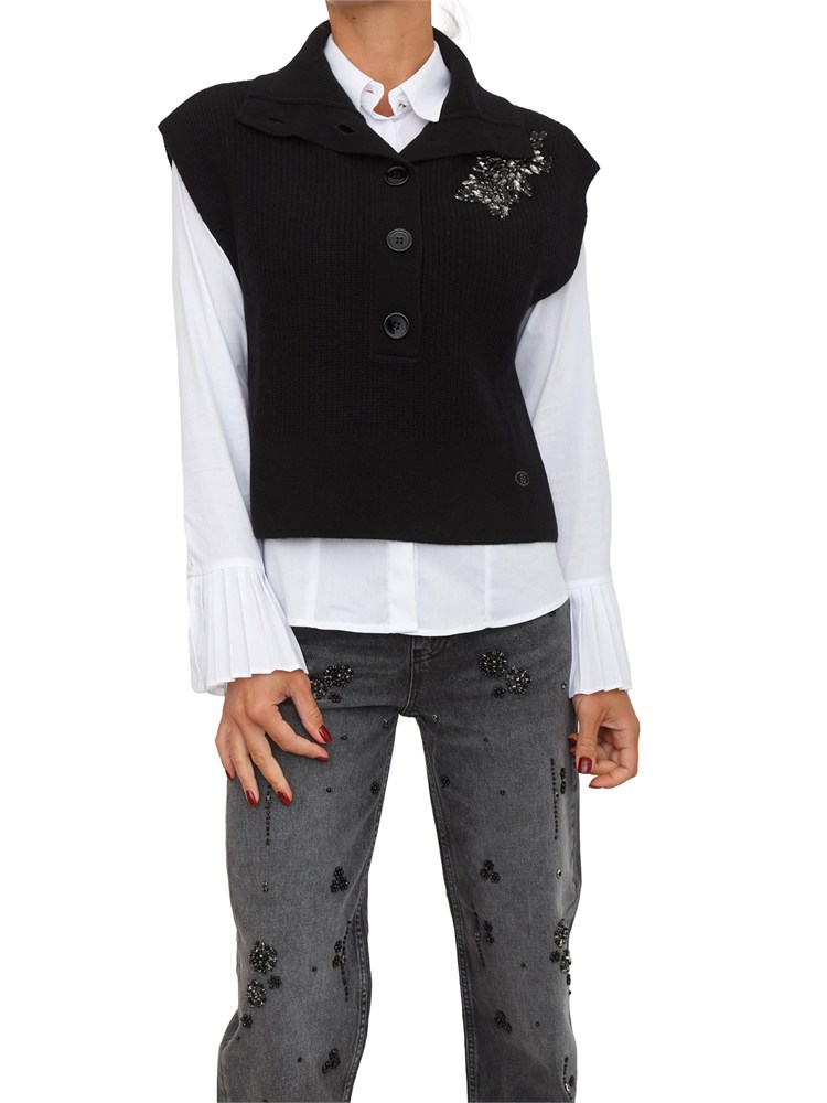 Gilet maglia Liu Jo donna in lana nera con ricamo gioiello
