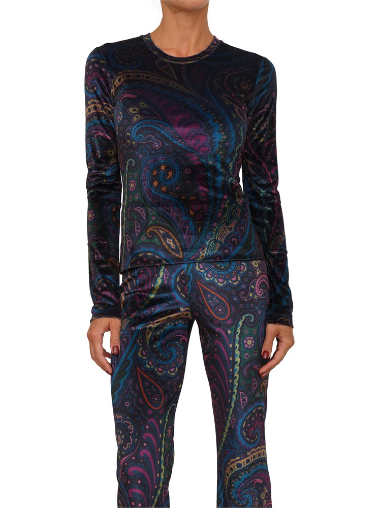 Top Etro donna in ciniglia blu con Paisley multicolor all over