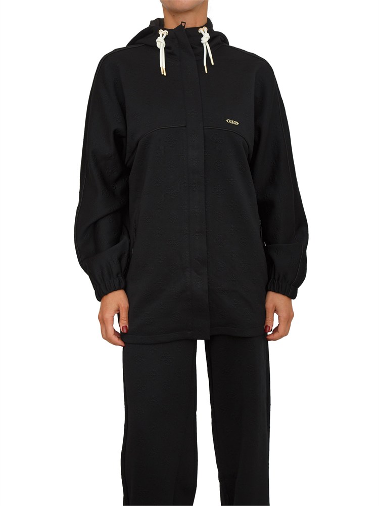 Felpa Guess Jeans donna in cotone logo jacquard nero