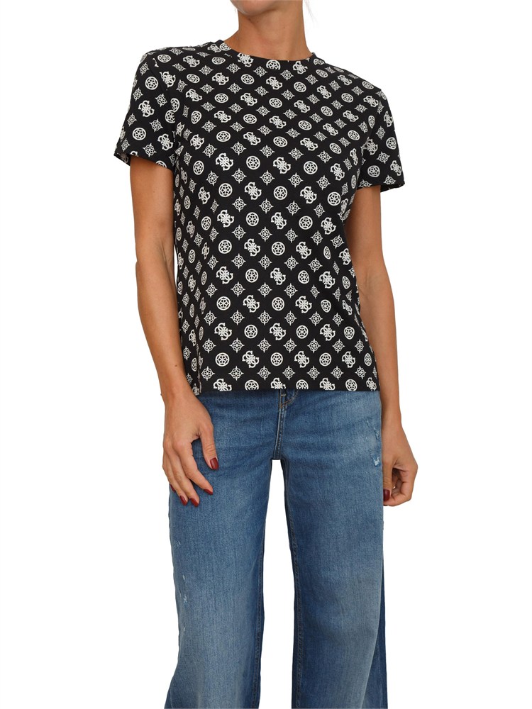 T-shirt Guess Jeans donna in cotone organico nero logo all over