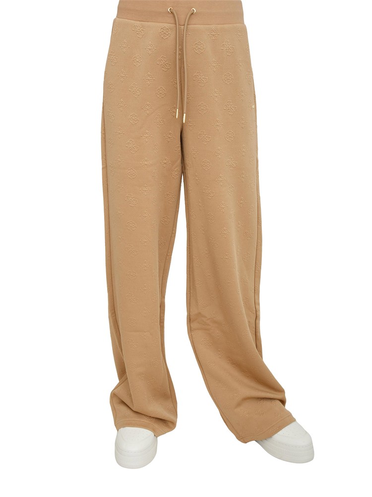 Pantalone jogging Guess Jeans donna in cotone beige logo jacquard