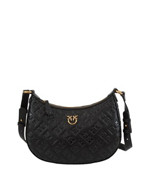 Borsa Mini Love Bag Half Moon Pinko in pelle nera con logo all over in DONNA