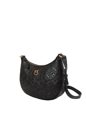 Borsa Mini Love Bag Half Moon Pinko in pelle nera con logo all over in DONNA