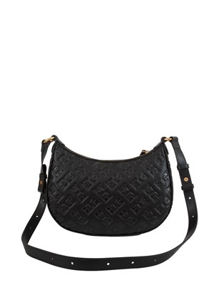 Borsa Mini Love Bag Half Moon Pinko in pelle nera con logo all over in DONNA