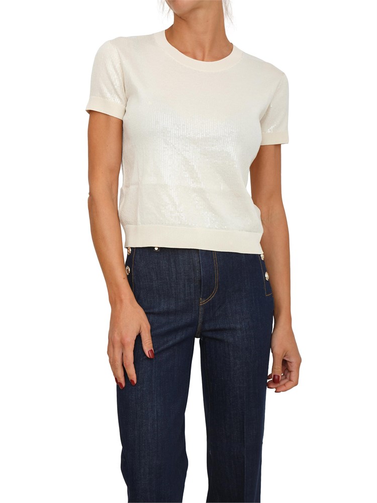 Maglia cropped Guess Jeans donna in maglia beige con paillettes