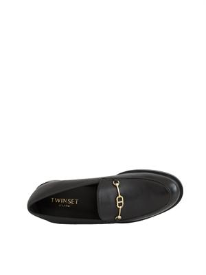 TWIN-SET Mocassino Twinset in pelle nera con logo oro in DONNA