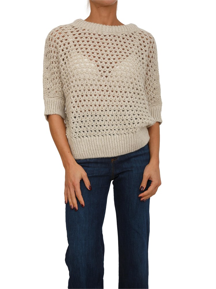 Maglia Malfi Nenette in punto rete beige con inserti lurex