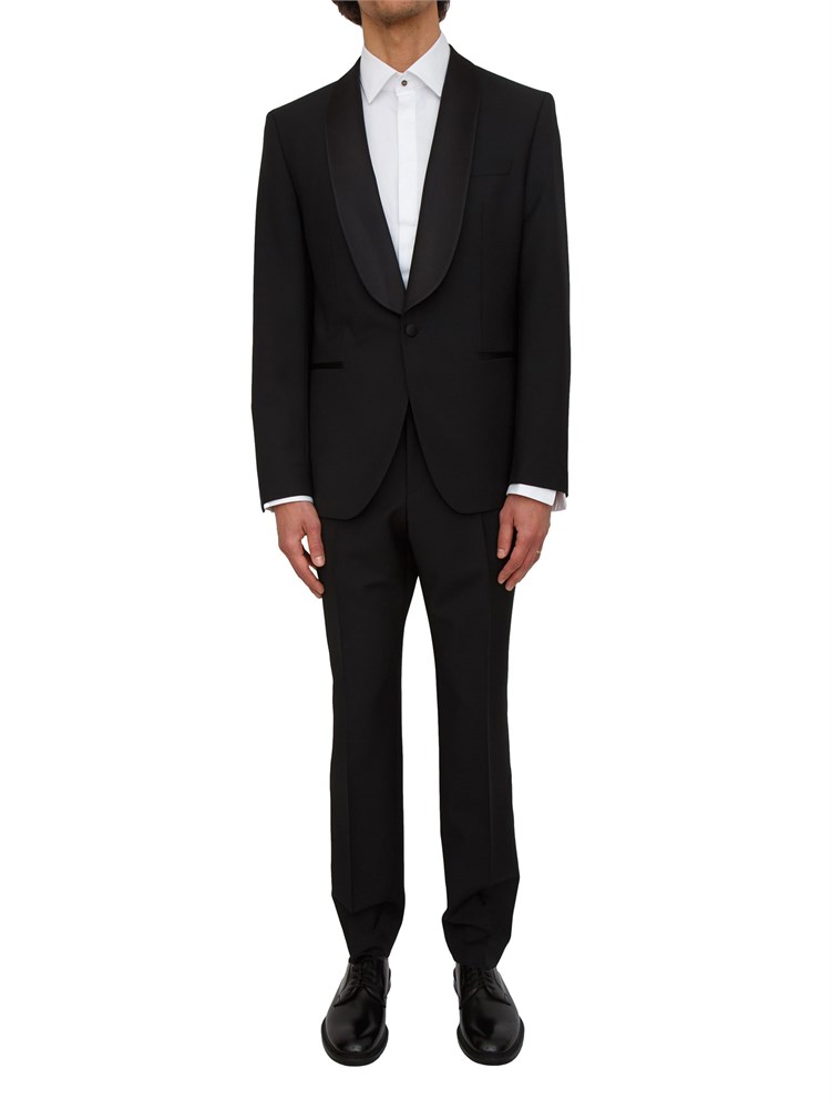 Abito smoking Boss uomo in lana e mohair nero con inserti in seta