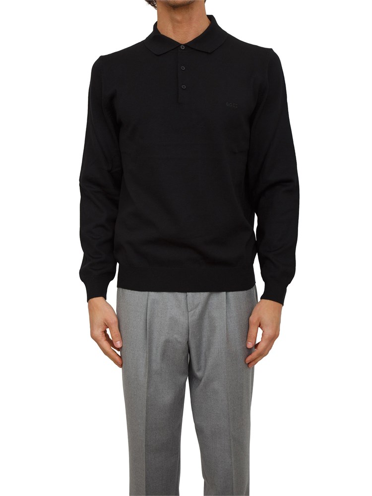 Polo maglia Boss uomo in lana vergine nera