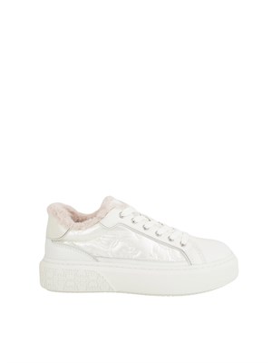 Sneakers Pinko Yoko 21 in pelle, tessuto bianco e pelliccia in DONNA