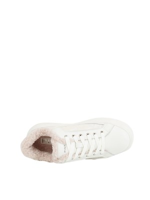 Sneakers Pinko Yoko 21 in pelle, tessuto bianco e pelliccia in DONNA