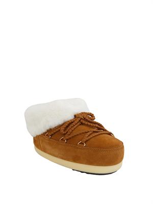 Stivali pantofole Mule EVX Moon Boot in pelle scamosciata cammello in DONNA