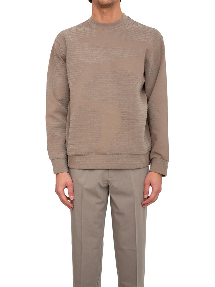 Felpa girocollo uomo Emporio Armani in misto cotone beige e logo jacquard