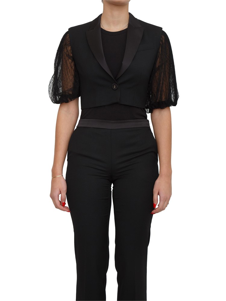 TWIN-SET Gilet nero Twinset in twill misto lana e revers in raso