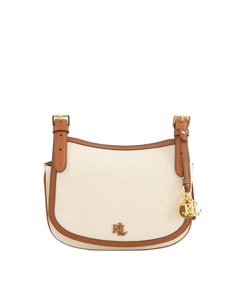 LAUREN RALPH LAUREN Borsa Marcy Ralph Lauren in tela di cotone beige e profili pelle cuoio
