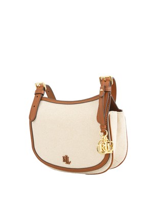 LAUREN RALPH LAUREN Borsa Marcy Ralph Lauren in tela di cotone beige e profili pelle cuoio in DONNA