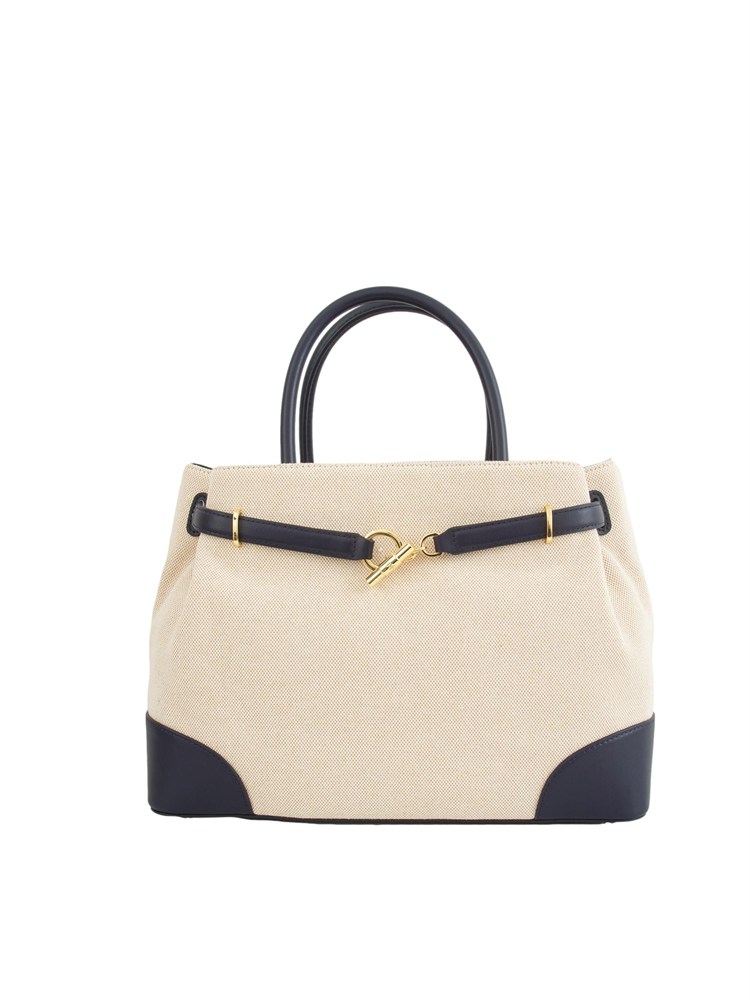 LAUREN RALPH LAUREN Borsa Ralph Lauren Blaike in tela di cotone beige e profili in pelle blu