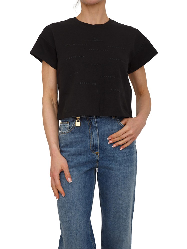 T-shirt Elisabetta Franchi in cotone nero logo lettering rilievo