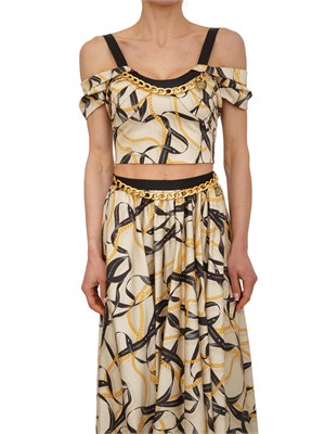 Top Elisabetta Franchi in cotone crema con stampa catene e logo in DONNA