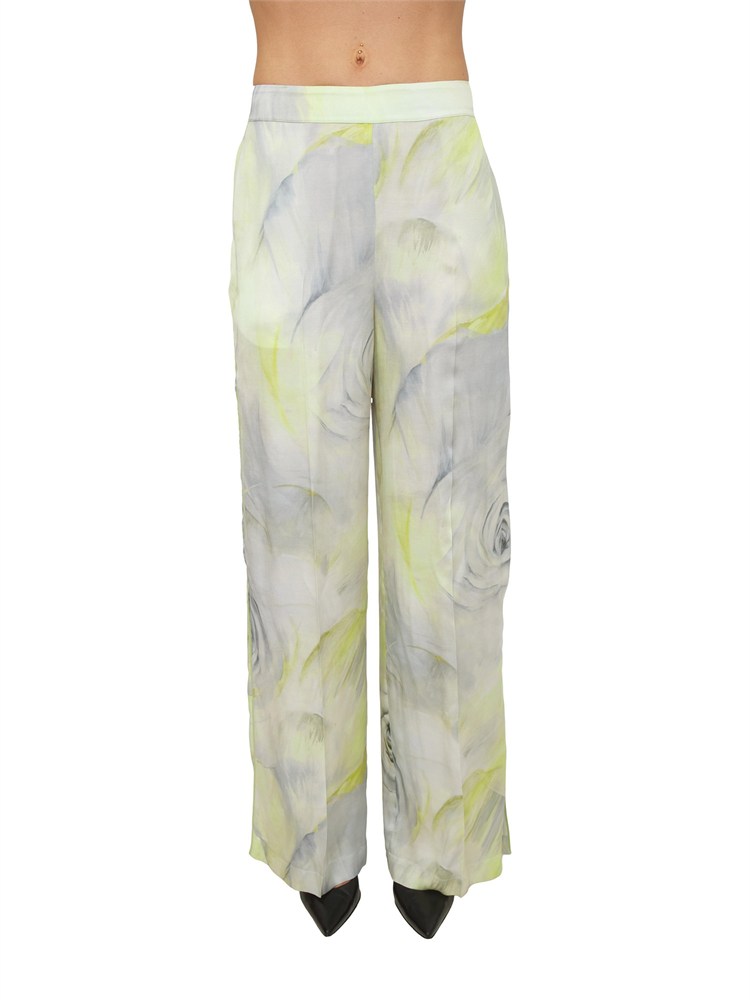 Pantaloni Blugirl in raso di viscosa lime e stampa rose in tono