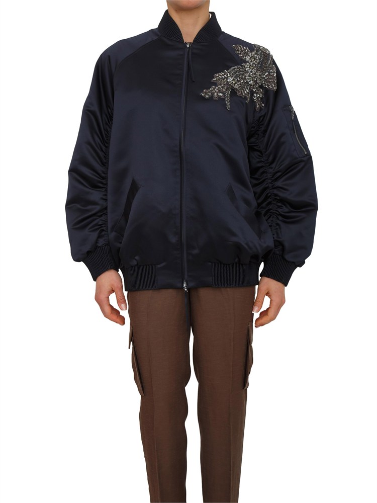 Giubbino Blugirl in duchesse blu con patch floreale cristalli