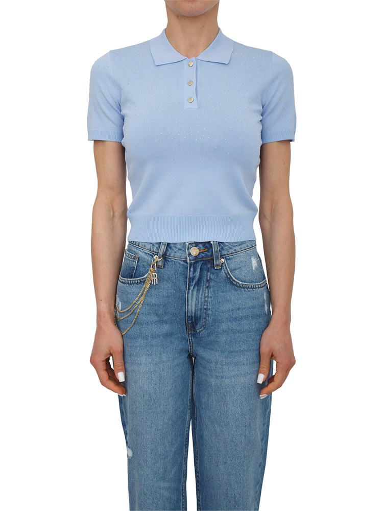 Polo slim Fracomina in viscosa azzurra con strass