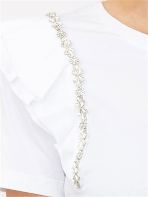 T-shirt Fracomina in cotone bianco maniche rouches e cristalli in DONNA
