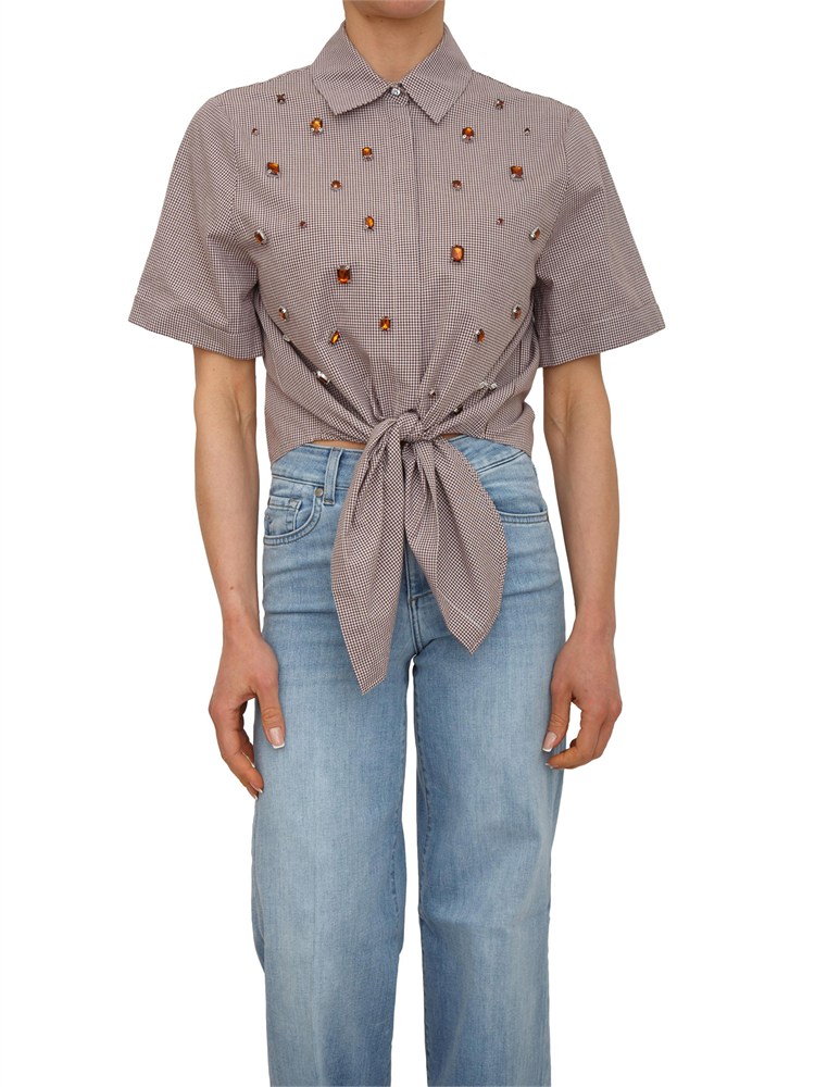 Camicia Liu Jo donna in cotone marrone a scacchi e gioielli