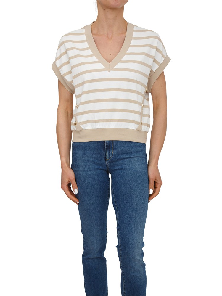 Maglia Liu Jo in interlock beige a righe ed inserti oro