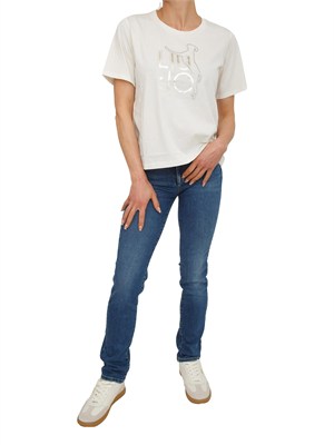 T-shirt Liu Jo donna in cotone bianco panna con logo e strass in DONNA