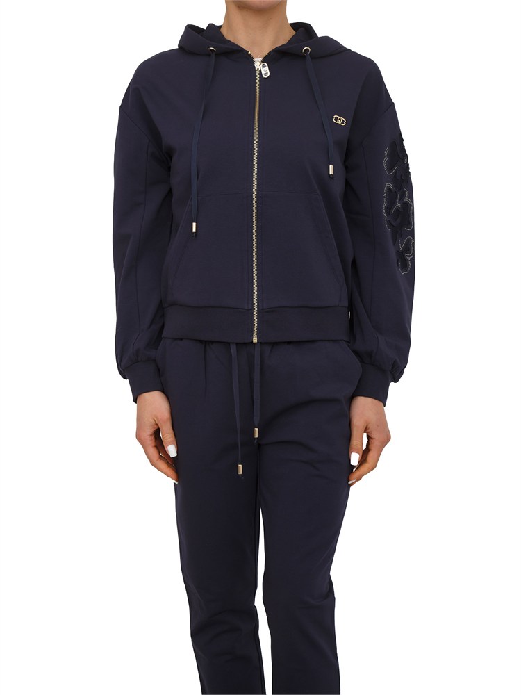 Felpa Liu Jo donna in cotone blu ricami floreali
