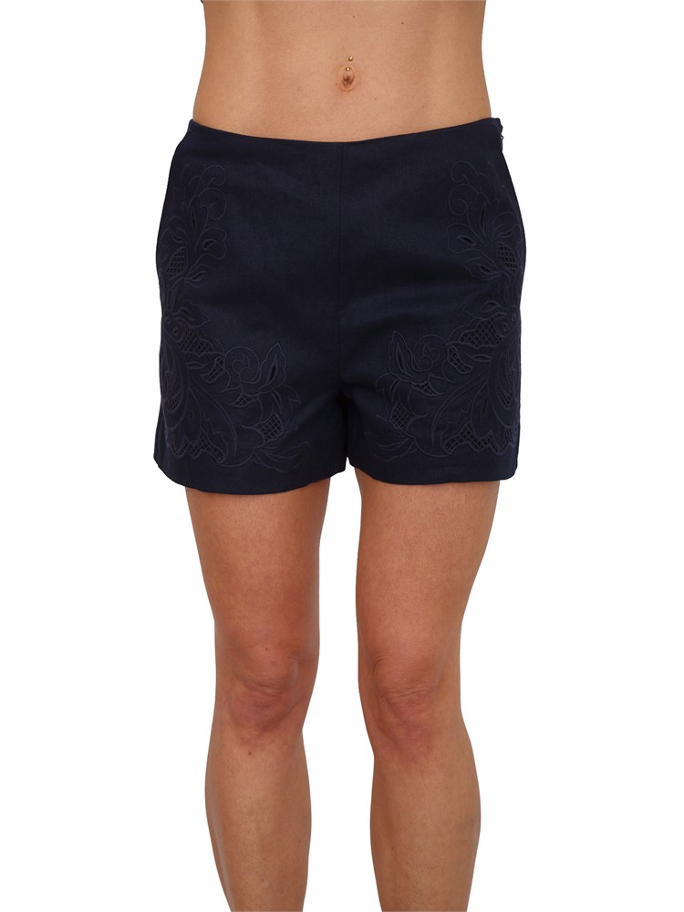 TWIN-SET Shorts Twinset in lino e viscosa blu con ricamo