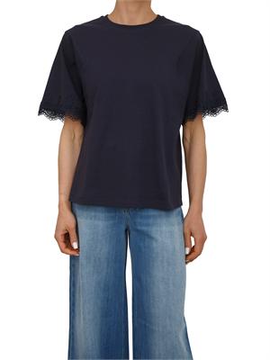 TWIN-SET T-shirt Twinset in cotone blu con maniche pizzo in DONNA
