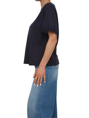 TWIN-SET T-shirt Twinset in cotone blu con maniche pizzo in DONNA
